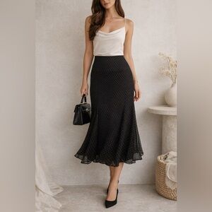 Jones New York Signature 100% Liquid Silk Polka Dot Midi Skirt Luxury Size 4 S